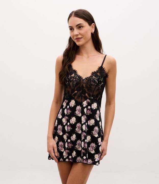 Camisola con Bretel Fino Floral en Microfibra y Detalles en Encaje