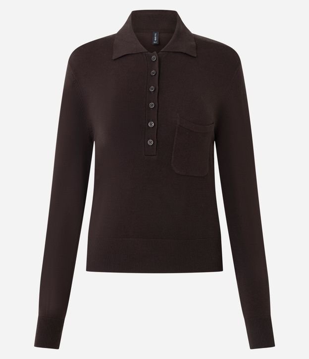 Blusa Manga Larga en Punto con Cuello Polo y Bolsillo Delantero