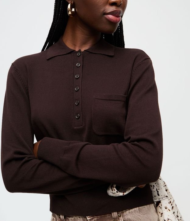 Blusa Manga Larga en Punto con Cuello Polo y Bolsillo Delantero 3