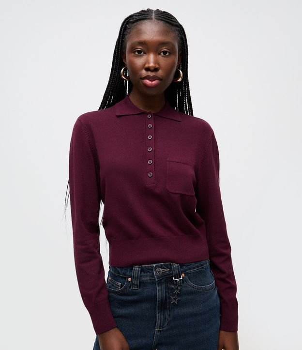Blusa Manga Larga en Punto con Cuello Polo y Bolsillo Delantero