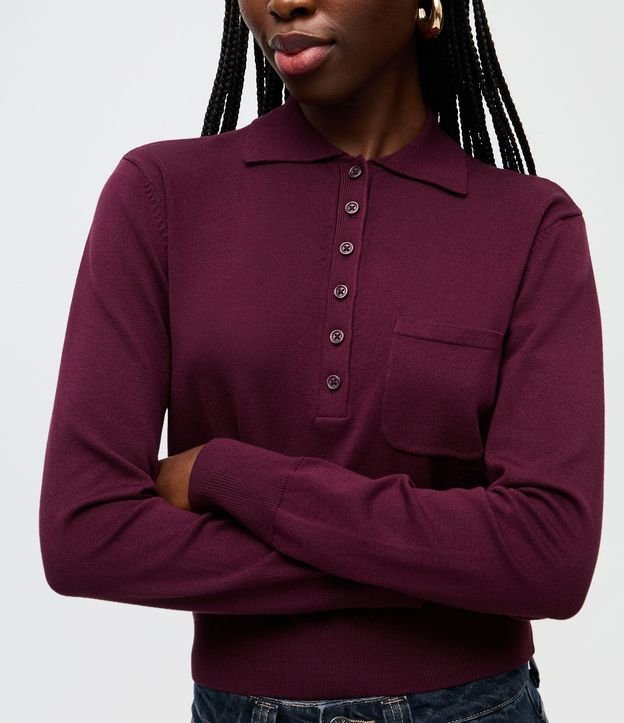 Blusa Manga Larga en Punto con Cuello Polo y Bolsillo Delantero 3