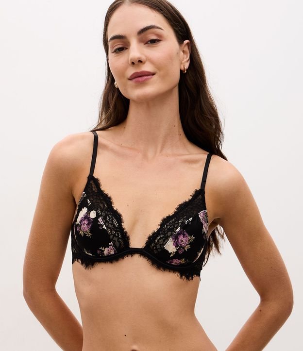 Soutien Media Taza en Microfibra con Detalles de Encaje y Estampa Floral
