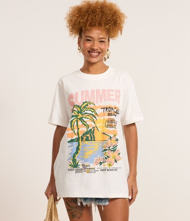 Remera T-Shirt Alargada en Algodón con Estampa Silk Summer Tropical