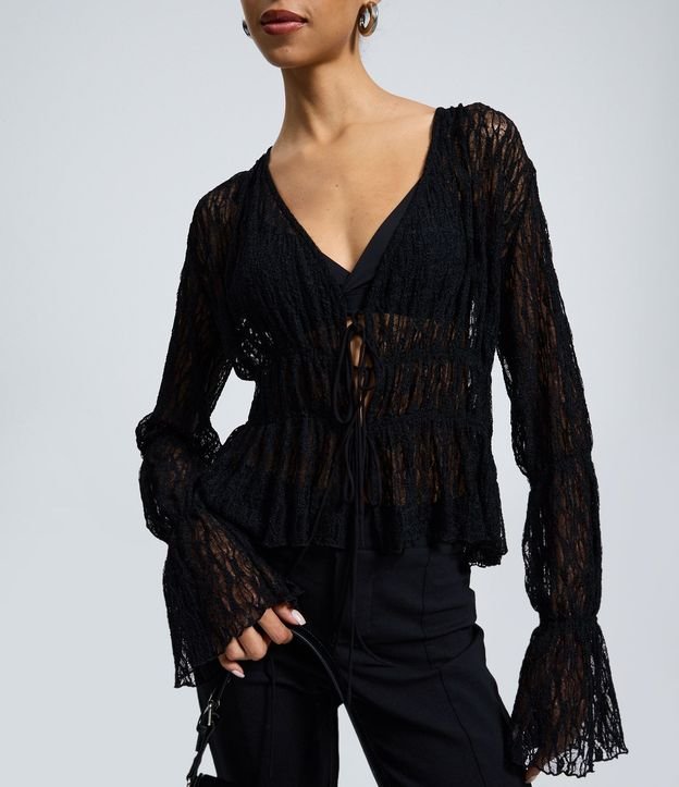 Blusa Encaje Texturizada con Lazos y Manga Larga 3