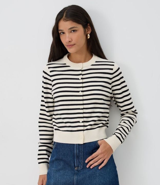 Cardigan Corto en Punto Listrado con Cuello Redondo