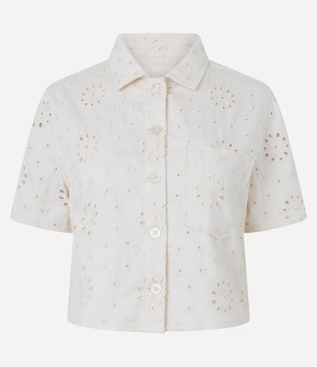 Camisa Corta en Sarga con Laise Floral y Bolsillo Pequeño 5