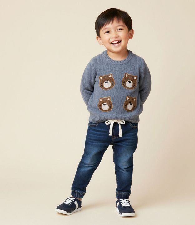 Suéter Infantil en Chenille con Patches de Osito – Talle 1 a 5/6 años