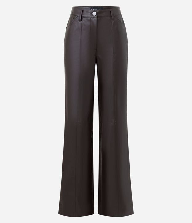 Pantalón Recto en PU con Fenda y Bolsillos