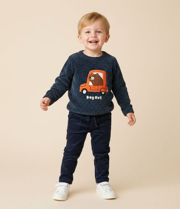 Suéter Infantil en Chenille con Oso de Carro – Talle 1 a 5/6 años