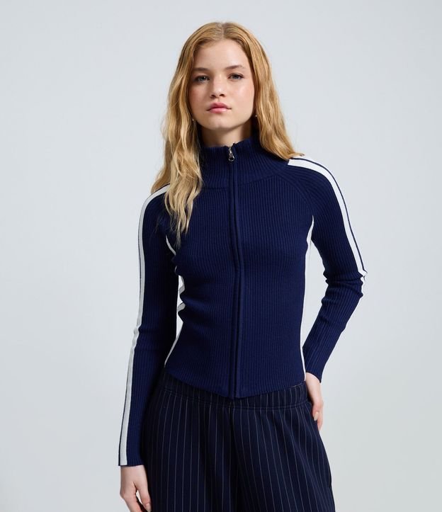 Blusa en Punto con Cremallera y Rayas Contrastantes en las Mangas
