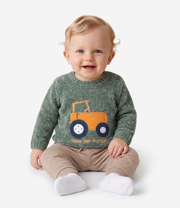 Saco Infantil en Punto Chenille con Bordado Trator – Talle 0 a 18 Meses