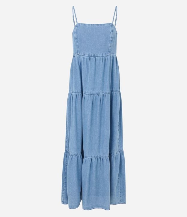 Vestido Midi en Jeans com Bretel Fino y Detalle Contrastantes 6