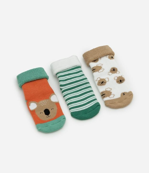 Kit 03 Pares de Medias Infantil con Estampa de Animalitos y Rayas – Talle RN a 12 Meses