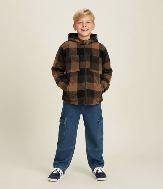 Saco Infantil en Fleece con Estampa de Cuadros y Capucha – Talle 5 a 14 años