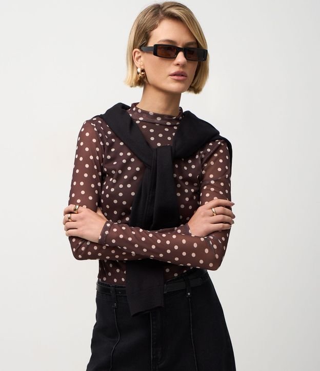 Blusa Manga Larga en Tule con Estampado Lunares