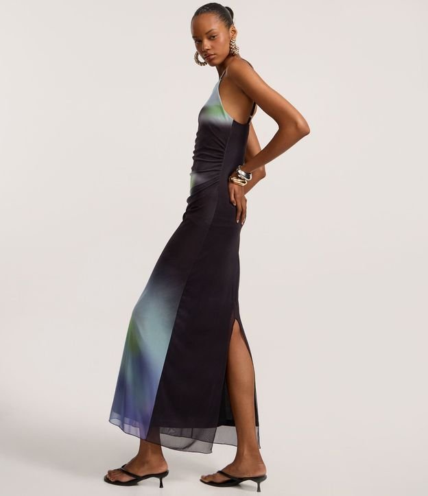 Vestido Midi en Tule con Estampa Manchada Flor y Fruncido 3