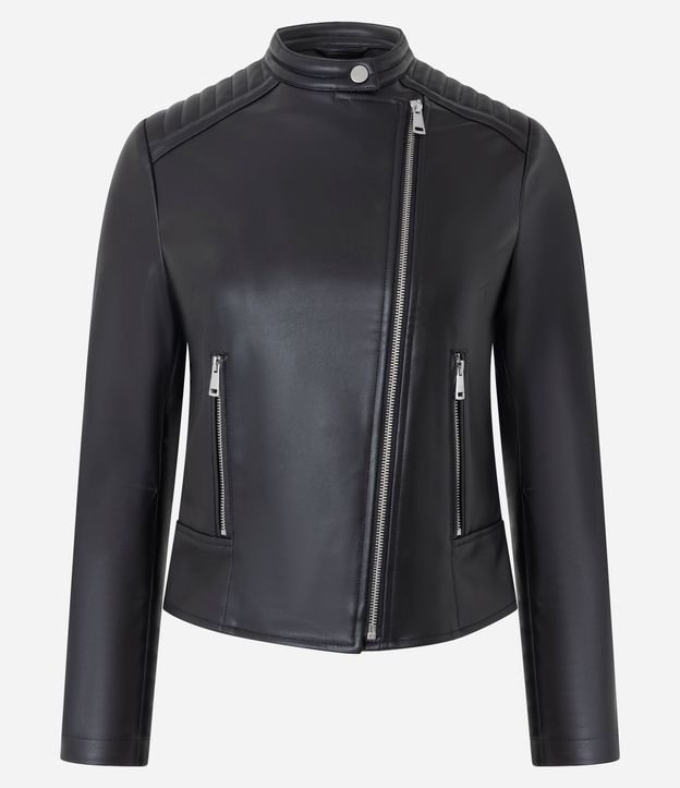 Campera Biker en PU con Capitoneada en el Hombro y Fechamentos en Cremallera