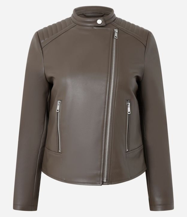 Campera Biker en PU con Capitoneada en el Hombro y Fechamentos en Cremallera