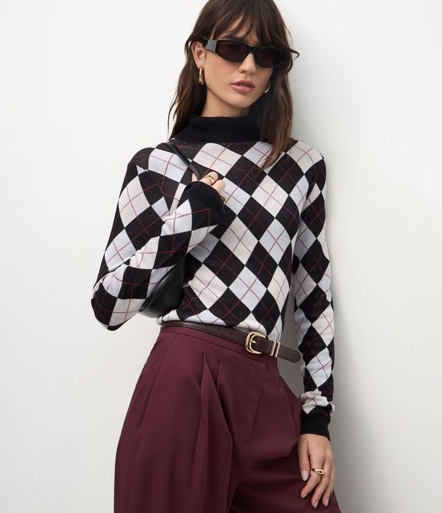 Blusa Punto Argyle de Cuadros con Cuello Alto