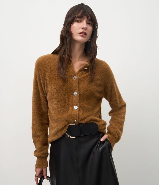 Cardigan Regular en Tricot con Textura Peluche