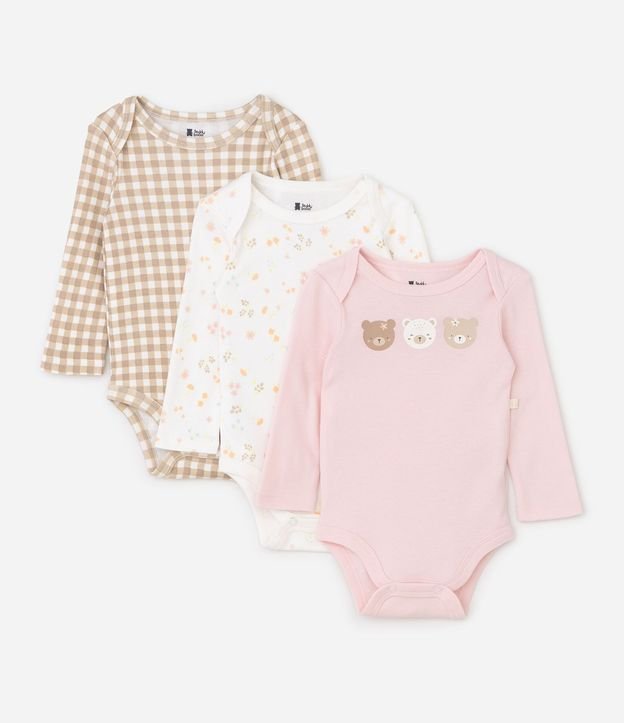 Kit 03 Bodies Bebé Manga Larga con Estampa de Cuadros y Floral – Talle RN A 18 Meses