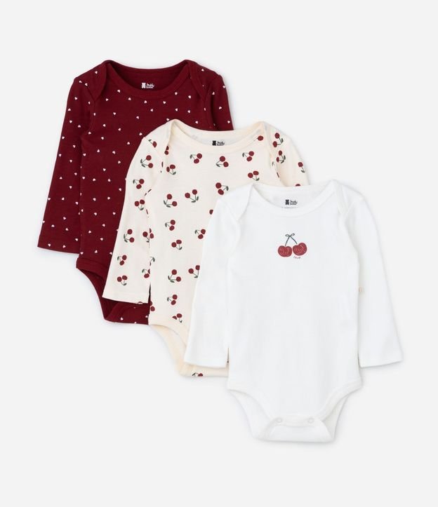 Kit 03 Bodies Bebê Manga larga Estampado cerezas – Talle RN a 18 Meses
