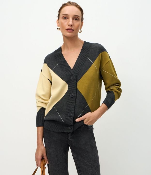 Cardigan en Punto con Estampado de Cuadros