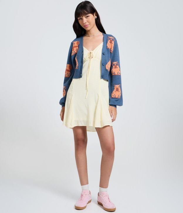 Vestido Corto Evasê en Viscosa con Estampado de Cuadros 2