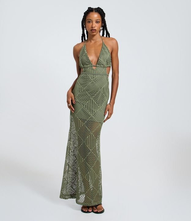 Vestido New Midi Frente Única con Efecto Ganchillo
