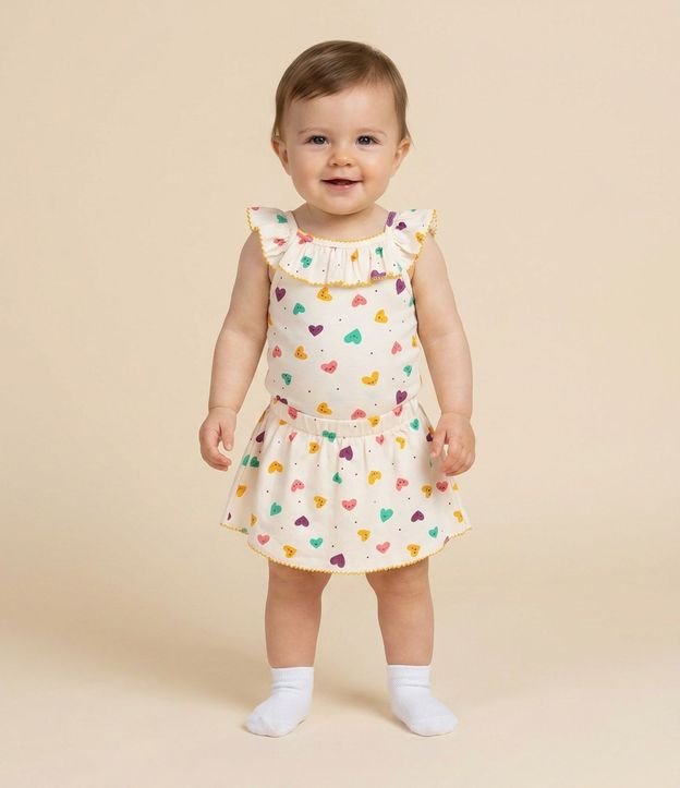 Conjunto Infantil Body con Bombacha Pollera con Estampa de Corazones – Talle RN a 18 Meses