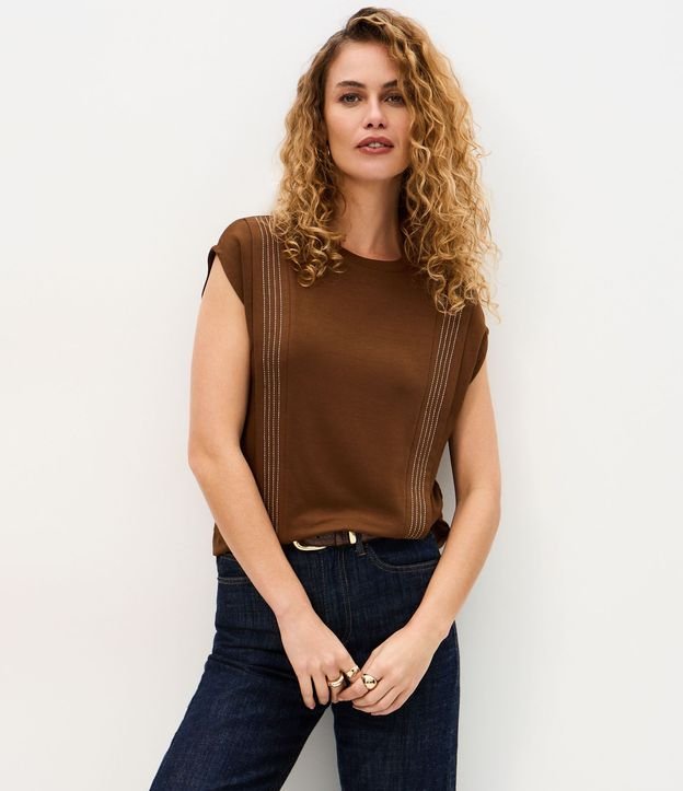 Blusa Manga Corta en Algodón con Pespontos Verticales
