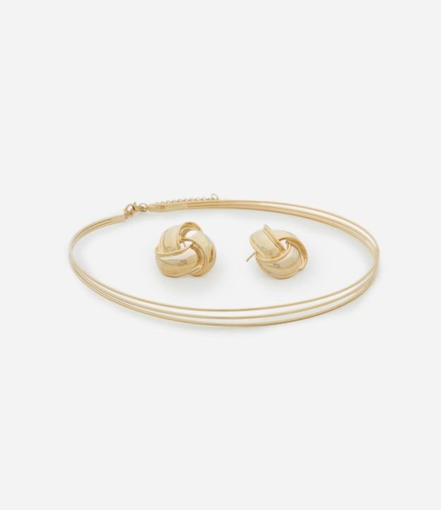 Conjunto de Collar Gargantilla Hilo Alambrado con  Caravana Nudo en Metal Liso
