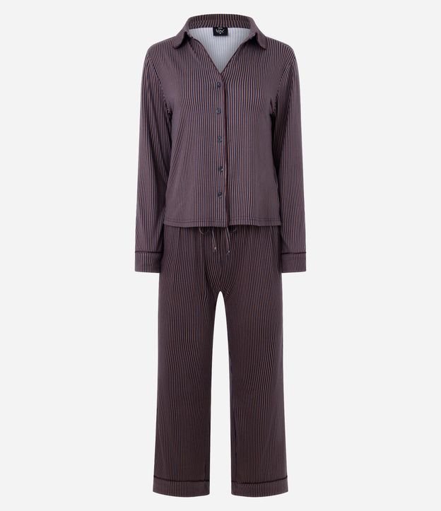 Pijama Femenina Larga Americana Toque Suave Listrado 5
