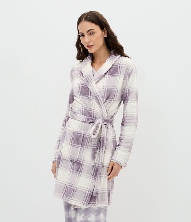 Bata de Baño Regular en Fleece con Estampa de Cuadros