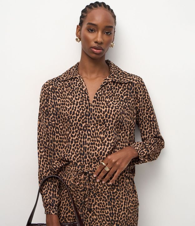 Blusa Femenina Manga Larga Animal Print Leopardo Chiffon