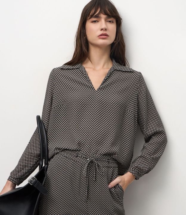 Blusa Femenina Manga Larga Mini Pied-de-Poule Chiffon