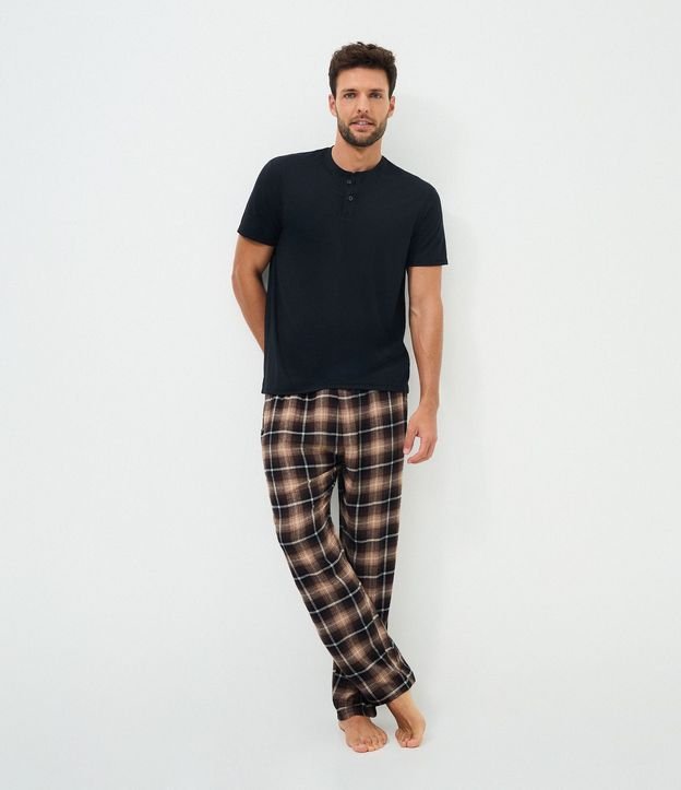 Pijama Largo Henley Manga Corta con Pantalón de Cuadros 4