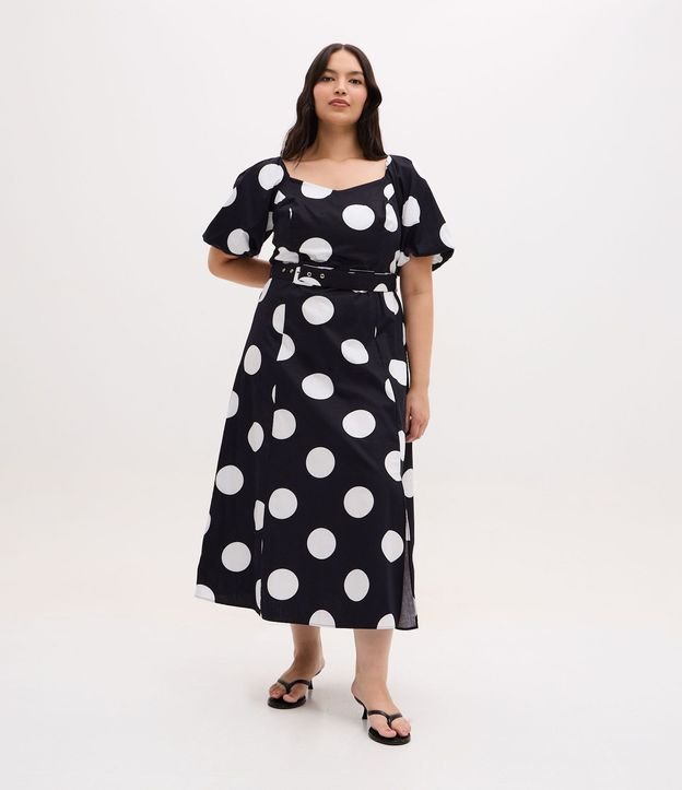 Vestido Midi con Estampado de Lunares y Cinturón con Hebilla Curve & Plus Size