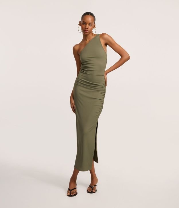 Vestido New Midi en Rib Hombro Único con Fruncido Lateral
