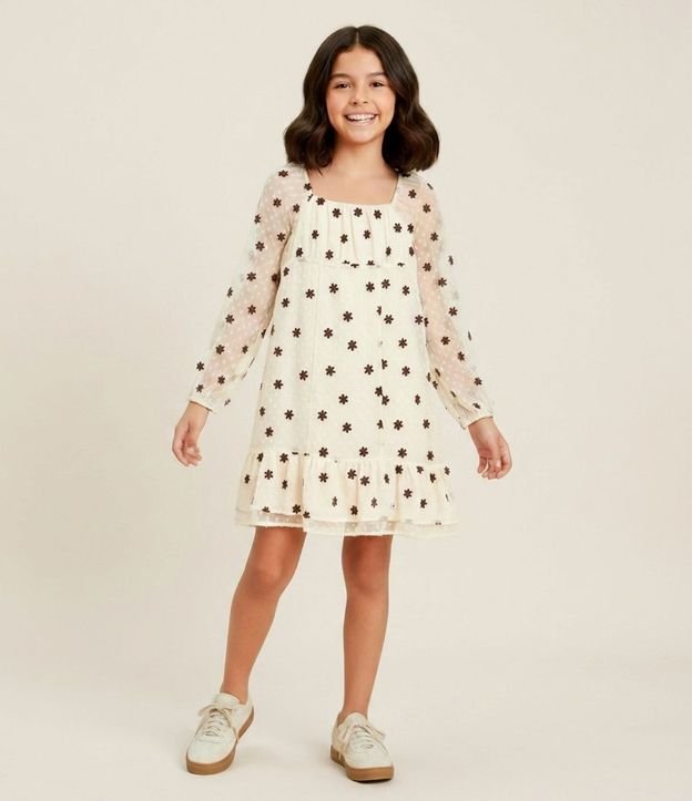 Vestido Infantil en Chiffon Texturizado con Flores Bordadas – Talle 5 a 14 años