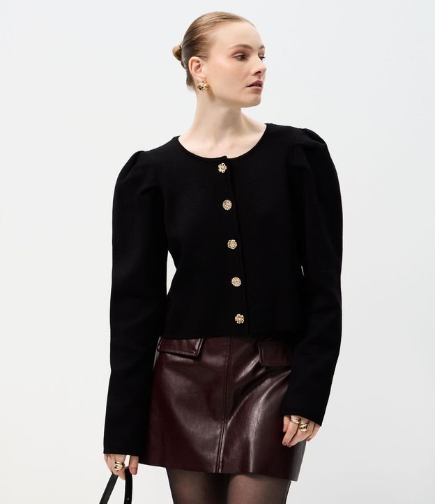 Cardigan Corto en Punto con Manga Abullonada