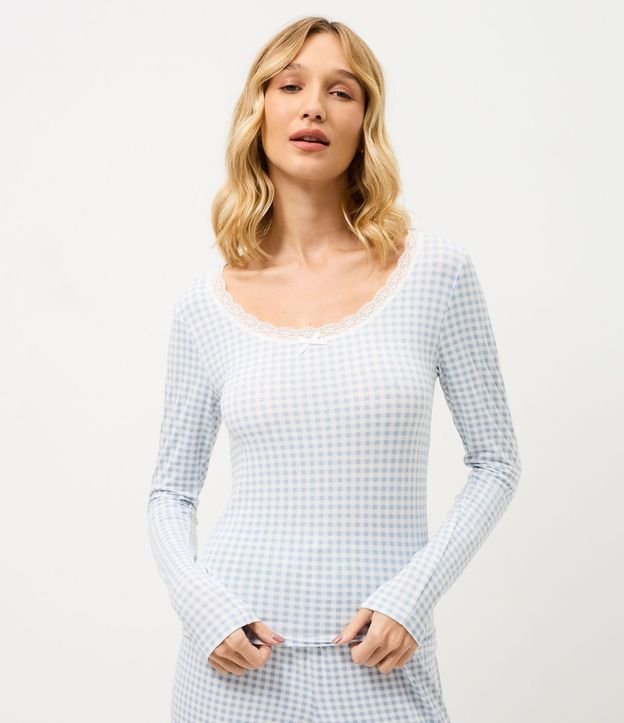 Blusa de Pijama en Peach Touch con de Cuadros Vichy 2