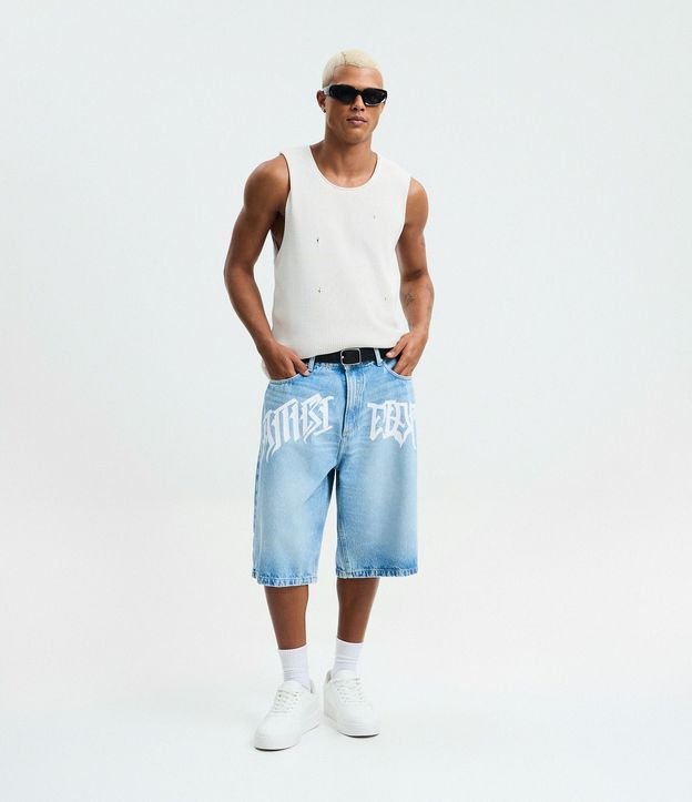 Bermuda Baggy Relaxed en Jeans con Estampado Lettering