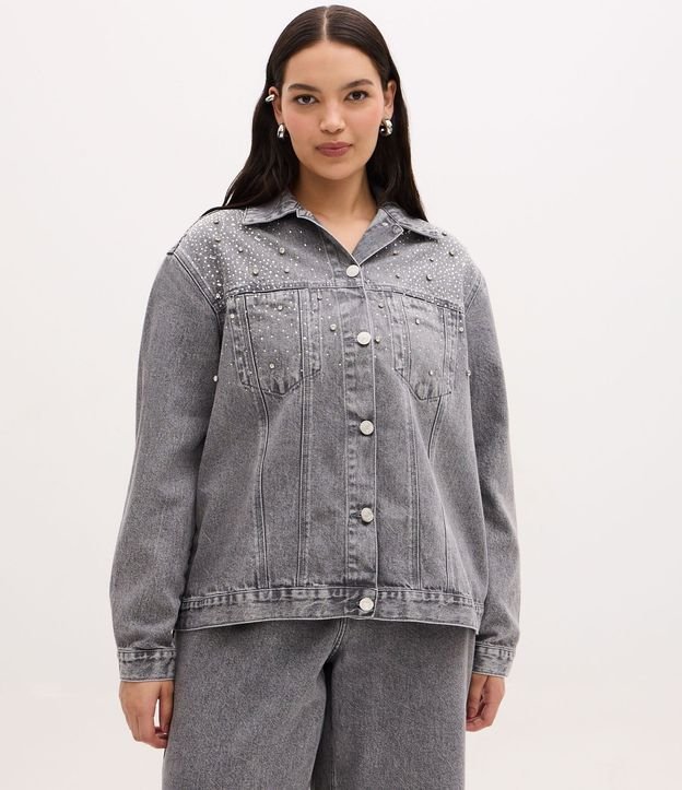 Campera Oversized en Jeans con Aplicaciones de Brillos Curve & Plus Size