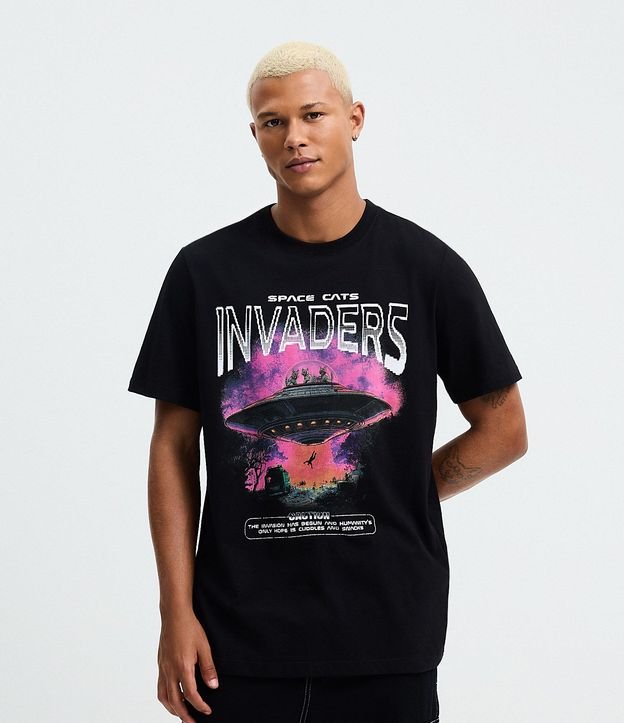 Remera Regular en Algodón con Estampado Space Cats Invaders