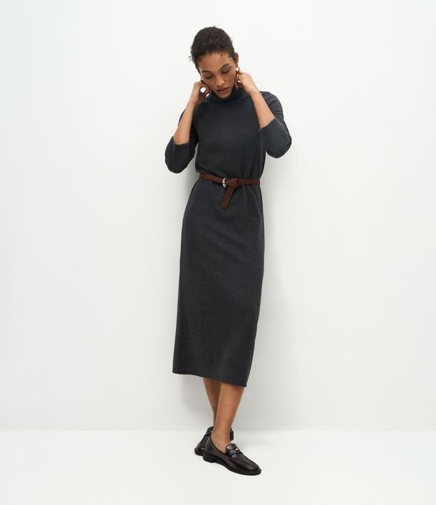 Vestido Long Midi con Cuello Alto y Mangas Largas