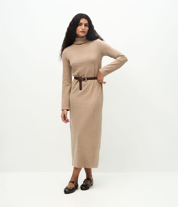 Vestido Long Midi con Cuello Alto y Mangas Largas