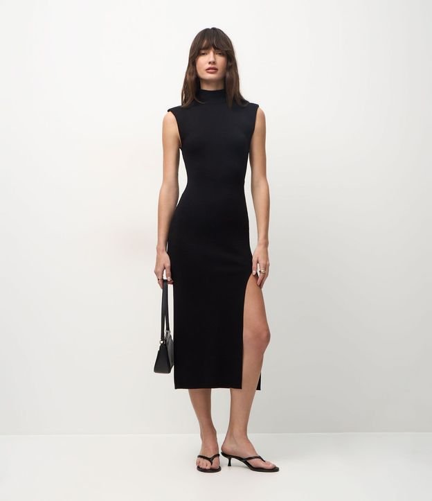 Vestido Midi en Punto con Hombrera y Encaje Lateral