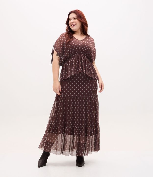 Falda Midi en Tule con Volados y Estampa de Corbata Curve & Plus Size