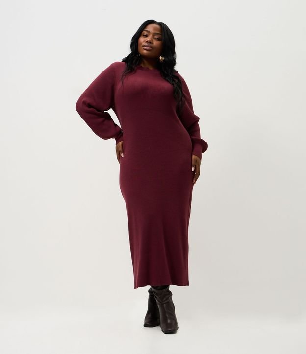 Vestido Midi en Punto con Manga Abullonada Curve & Plus Size